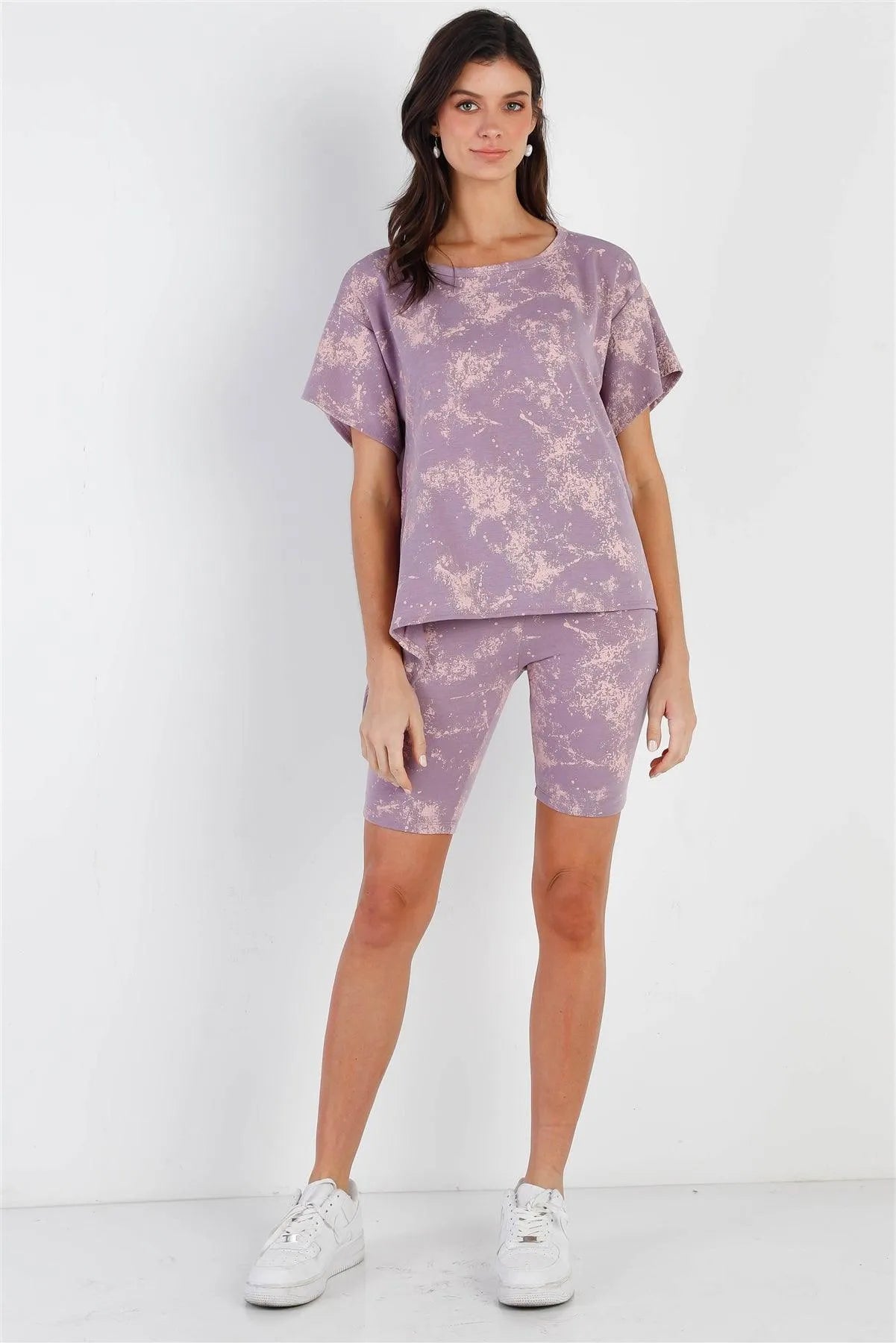 Lavender Splattered Paint Fleece Uneven Length Back Tie Detail Top & Biker Short Set /2-2-2 - Tasha Apparel Wholesale