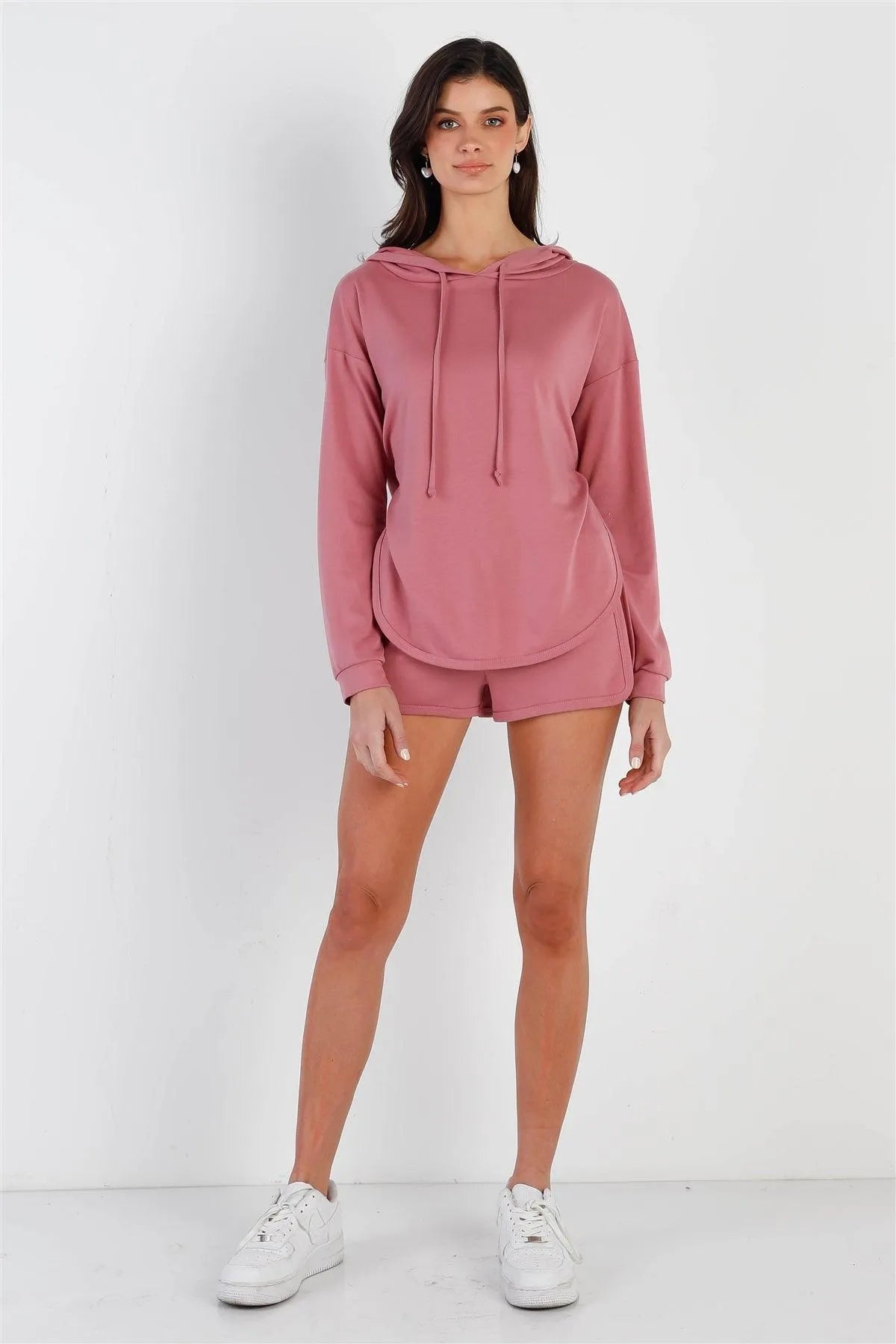 Mauve Racer Back Detail Long Sleeve Hooded Top & Short Set /2-2-2 - Tasha Apparel Wholesale