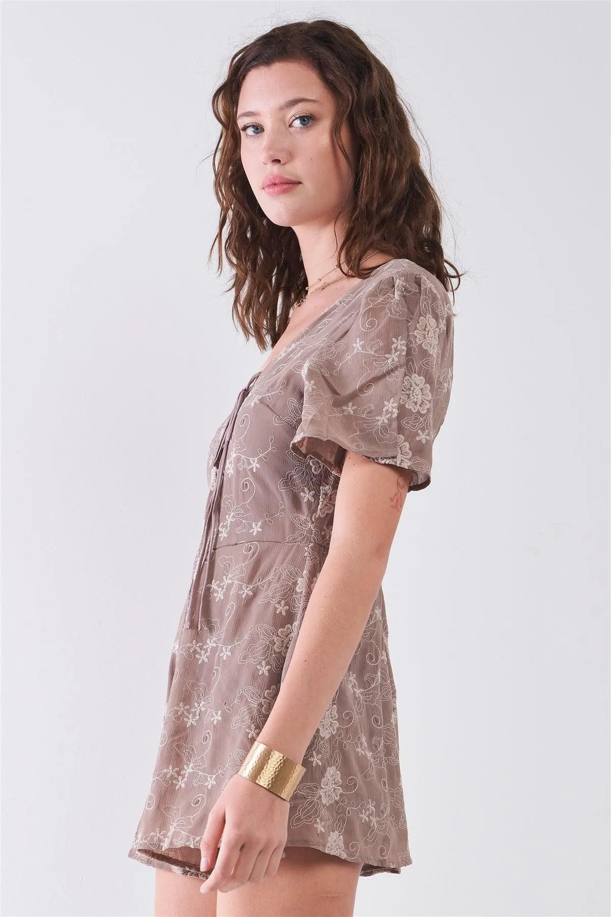 Taupe Floral Embroidery Lace-Up Front V-Neck & Back Slit Sleeve Detail Romper /2-2-2 - Tasha Apparel Wholesale