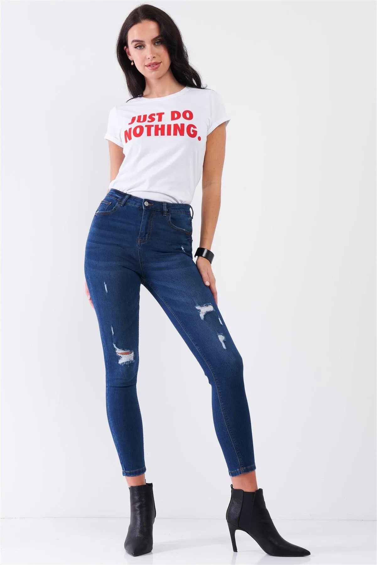 Medium Blue Denim High-Waisted Ripped Vintage Skinny Jeans /1-2-1-2-2-2-1 - Tasha Apparel Wholesale