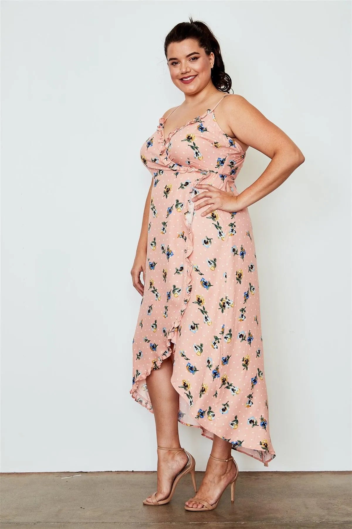 Junior Plus Size Peach Flower Print Hi-Low Wrap Midi Dress / 1-1-3-2 - Tasha Apparel Wholesale