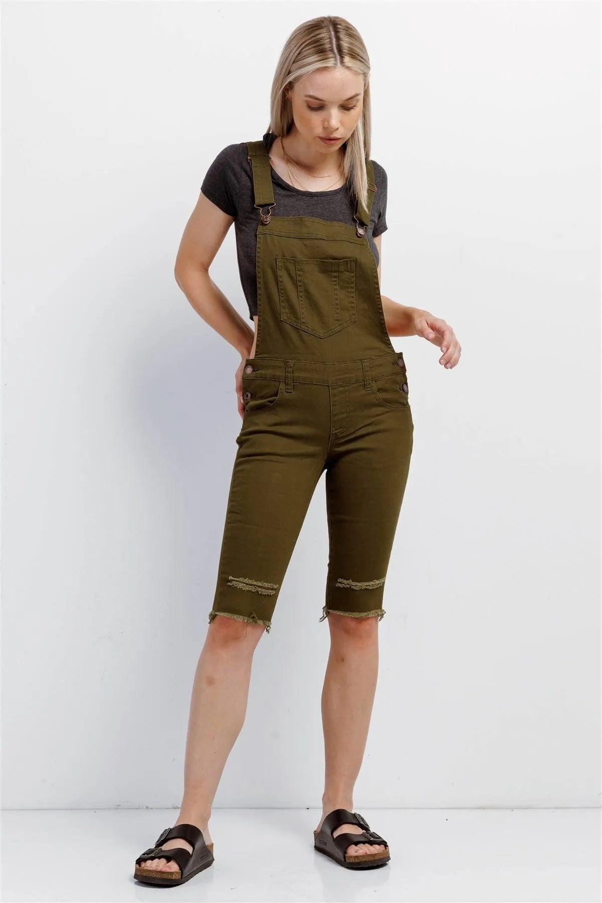 Olive Denim Distressed Detail Raw Hem Cropped Bermuda Overall /4-2-1 - Tasha Apparel Wholesale