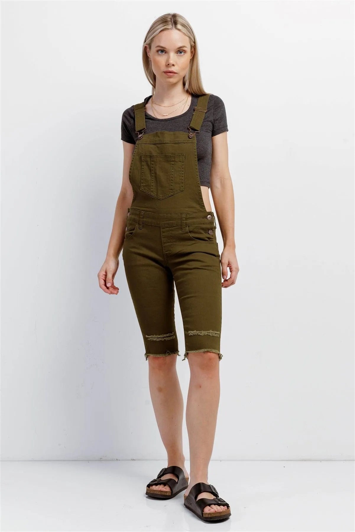 Olive Denim Distressed Detail Raw Hem Cropped Bermuda Overall /3-3-1 - Tasha Apparel Wholesale
