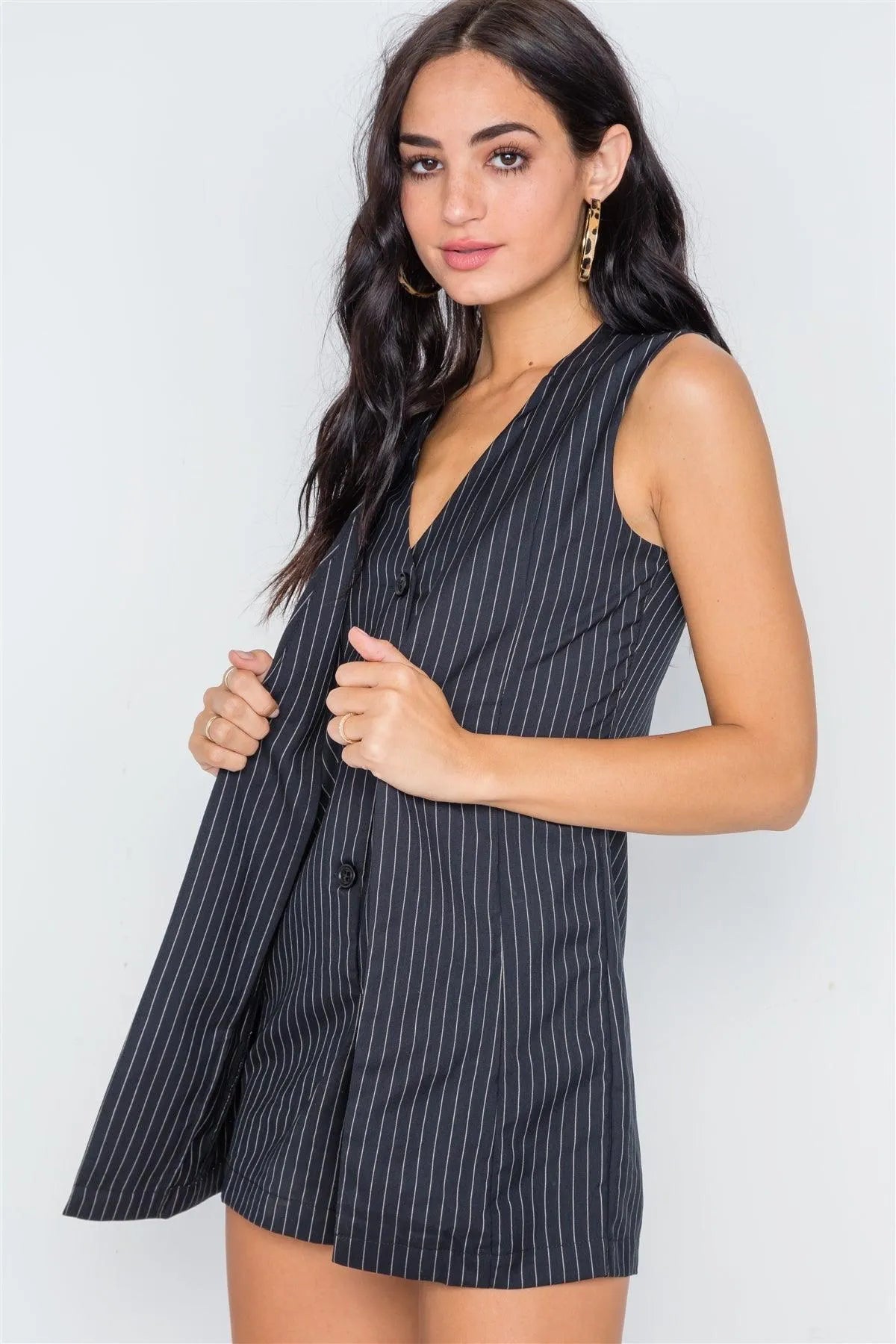 Navy Stripe Button Down Sleeveless Romper /3-2-1 - Tasha Apparel Wholesale