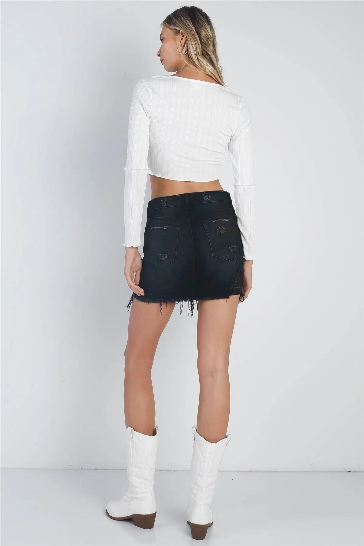 Black Denim High Waist Distressed Raw Hem Detail Mini Skirt /3-2-1 - Tasha Apparel Wholesale