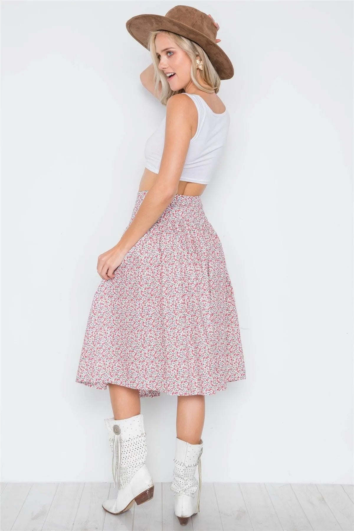 White Multi Red Floral Print High-Waist Midi Skirt /3-2-1 - Tasha Apparel Wholesale