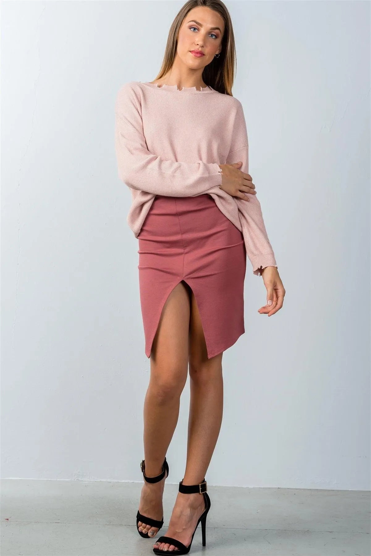 Dark Rose Front Slit Mini Skirt /3-2-1 - Tasha Apparel Wholesale