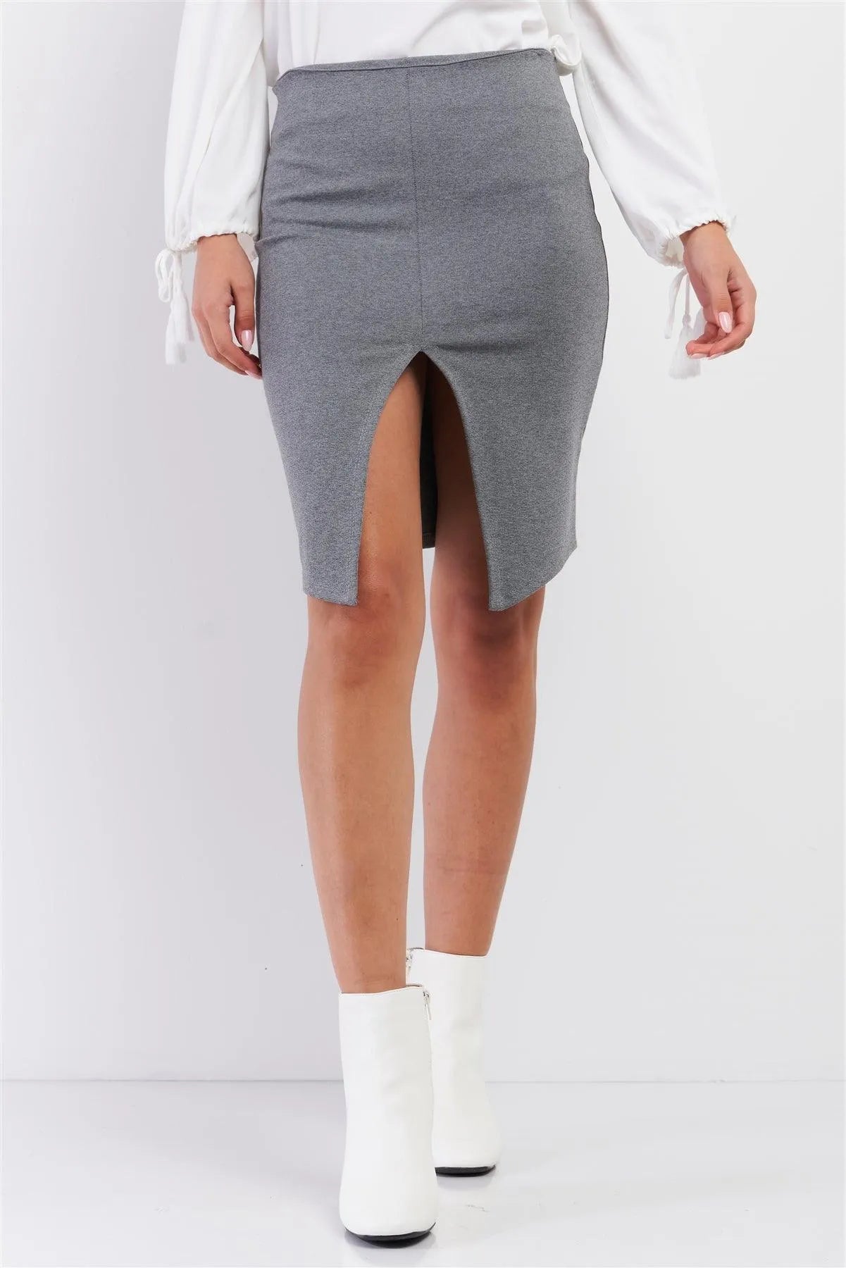 Heather Grey Front Slit Bodycon Mini Skirt /3-2-1 - Tasha Apparel Wholesale