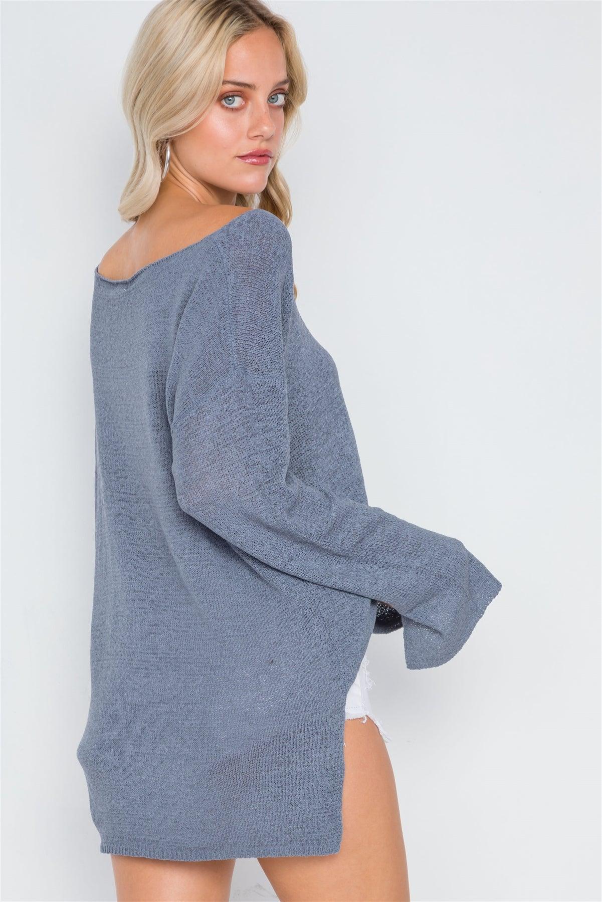 Blue Grey Scoop Neck Long Sleeves Sweater