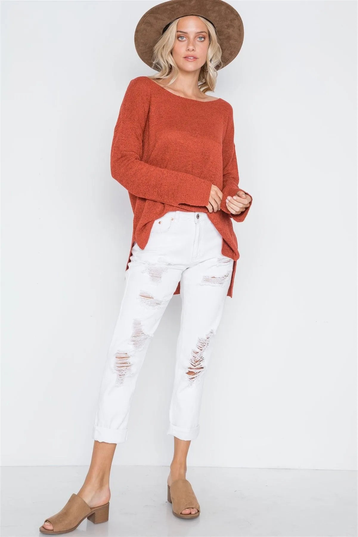 Brick Scoop Neck Long Sleeves Sweater /2-2-2 - Tasha Apparel Wholesale