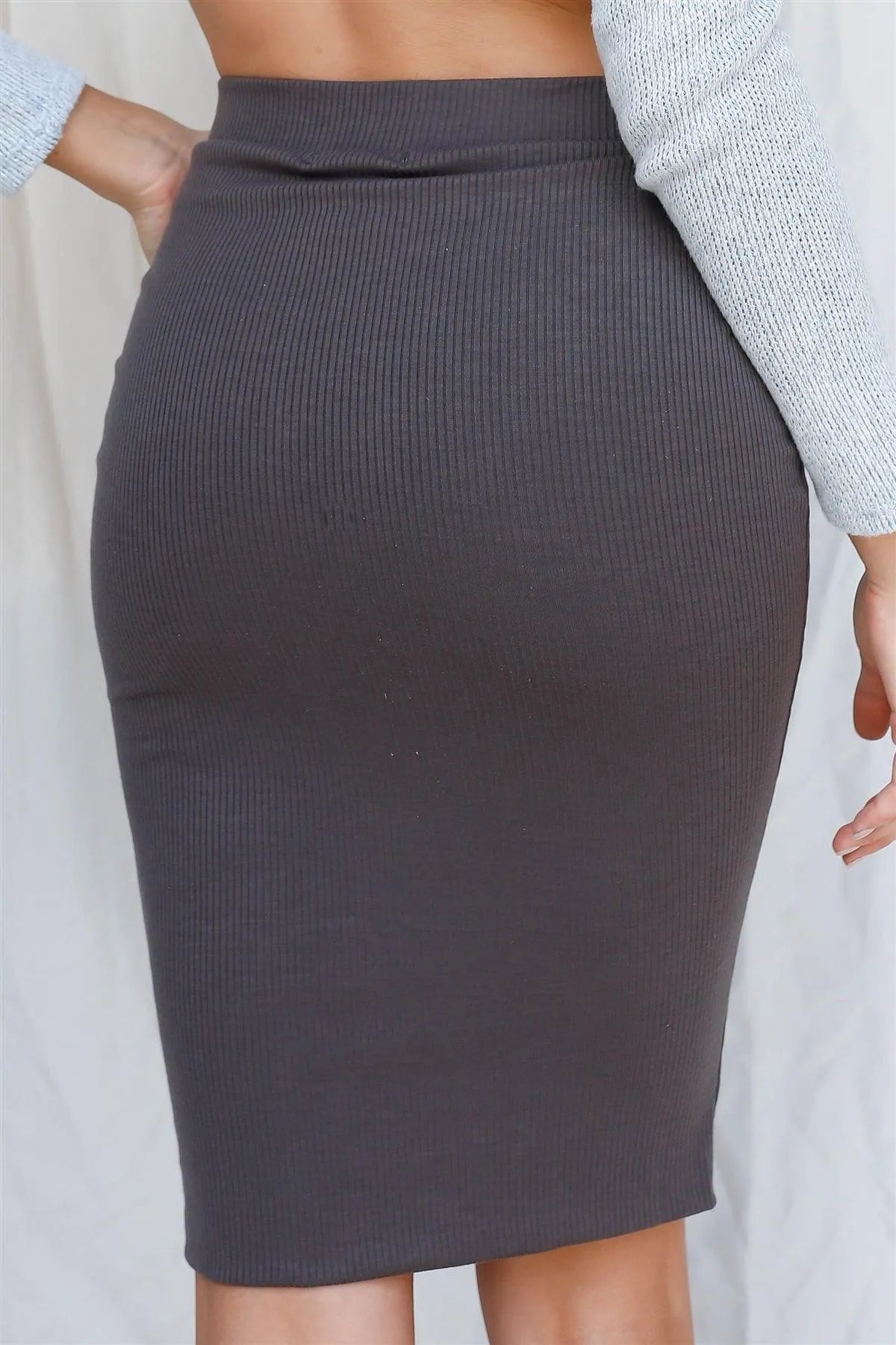 Charcoal Ribbed High Waist Midi Skirt /2-2-2 - Tasha Apparel Wholesale