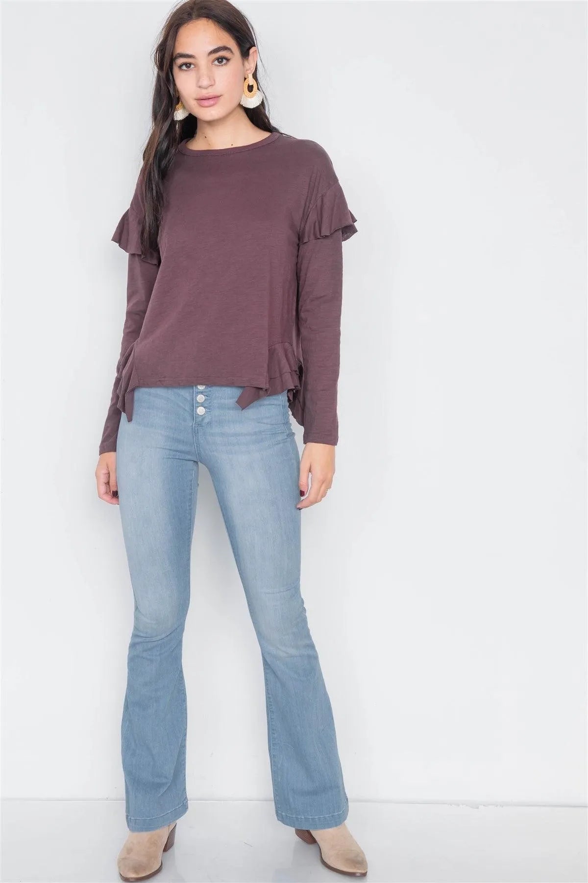 Merlot Raw Handkerchief Hem Flounce Long Sleeve Cotton Top /3-2-1 - Tasha Apparel Wholesale