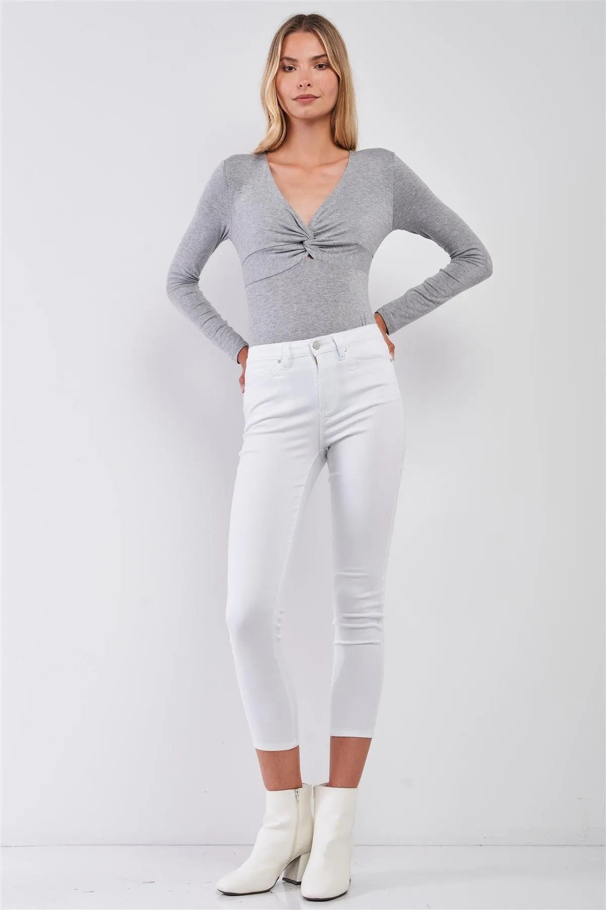 Heather Grey V-Neck Twist Front Long Sleeve Bodysuit - Tasha Apparel Wholesale