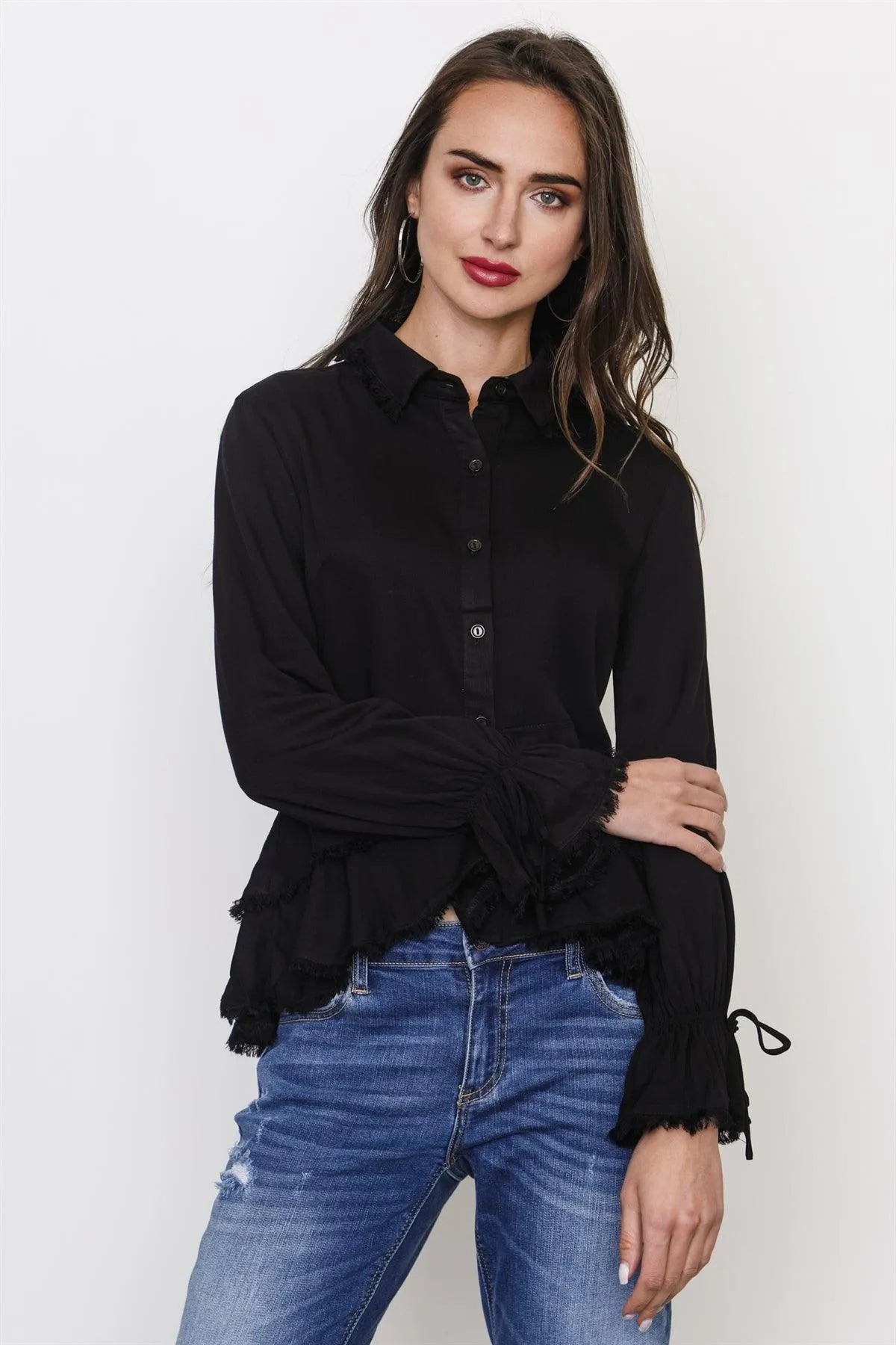 Black Frayed Hem Button Down Blouse /3-2-1 - Tasha Apparel Wholesale