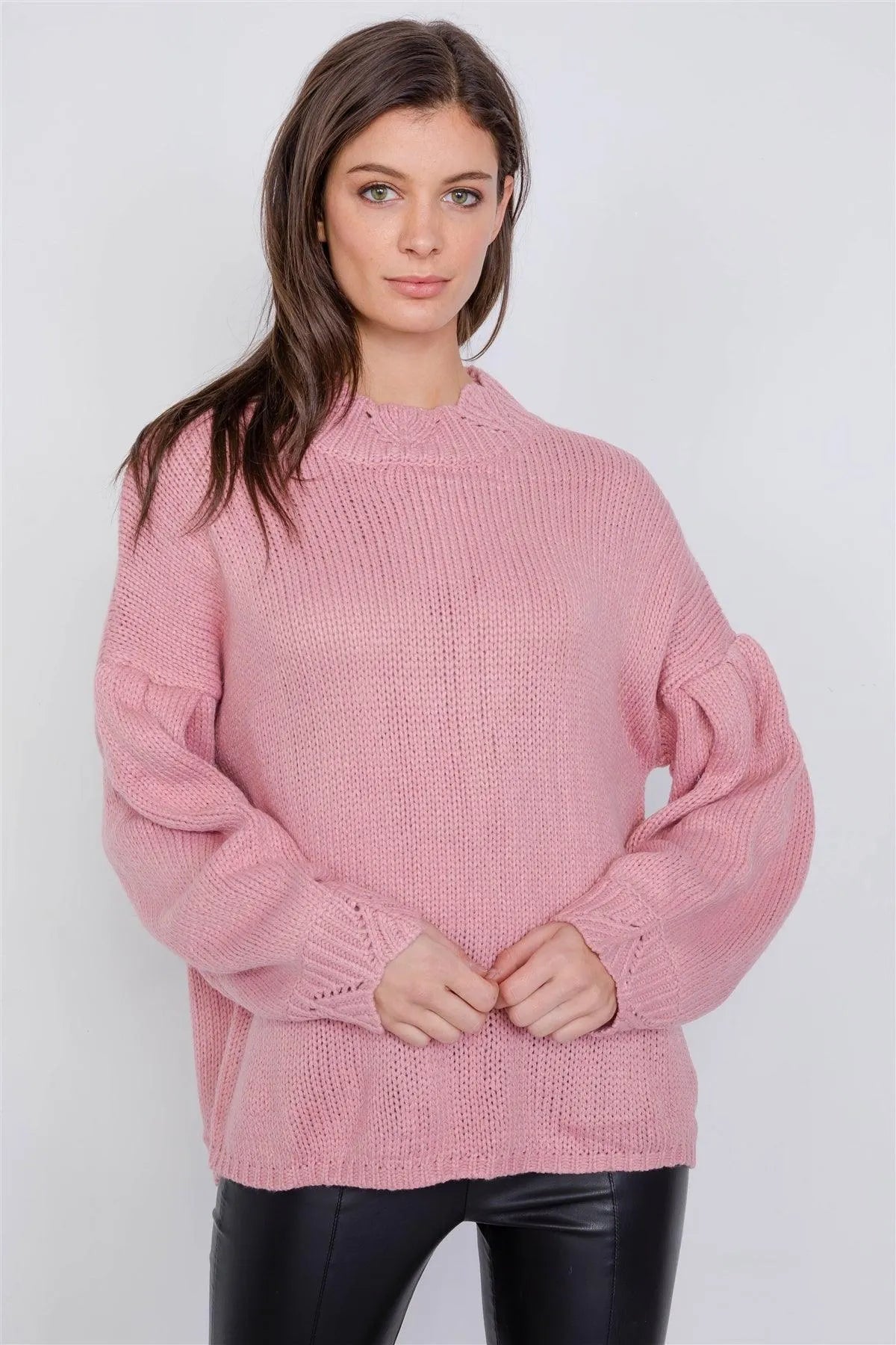 Mauve Crotchet Knit Drop Shoulder Casual Oversized Sweater /2-2-1 - Tasha Apparel Wholesale
