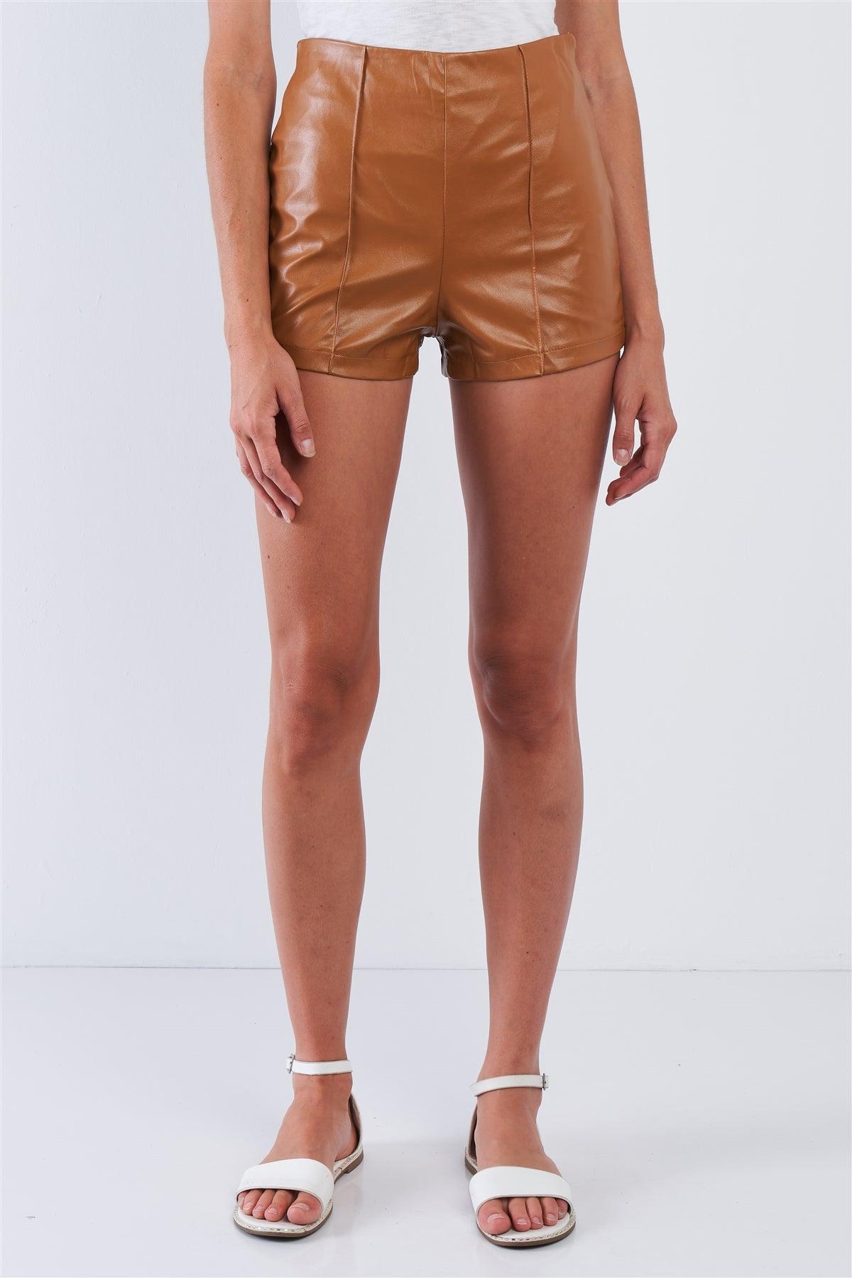 Camel Vegan Leather High Waisted Side Zipper Mini Shorts