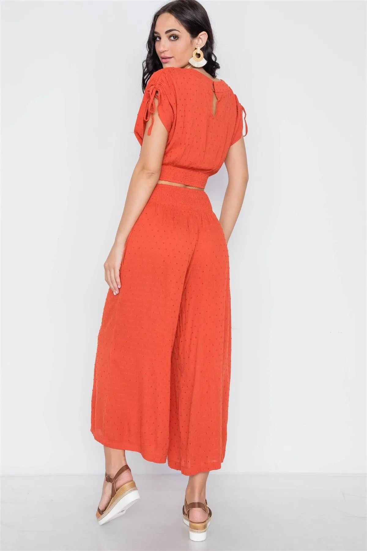 Orange Rust Smocked High-Waist Wide Leg Pants /3-2-1 - Tasha Apparel Wholesale