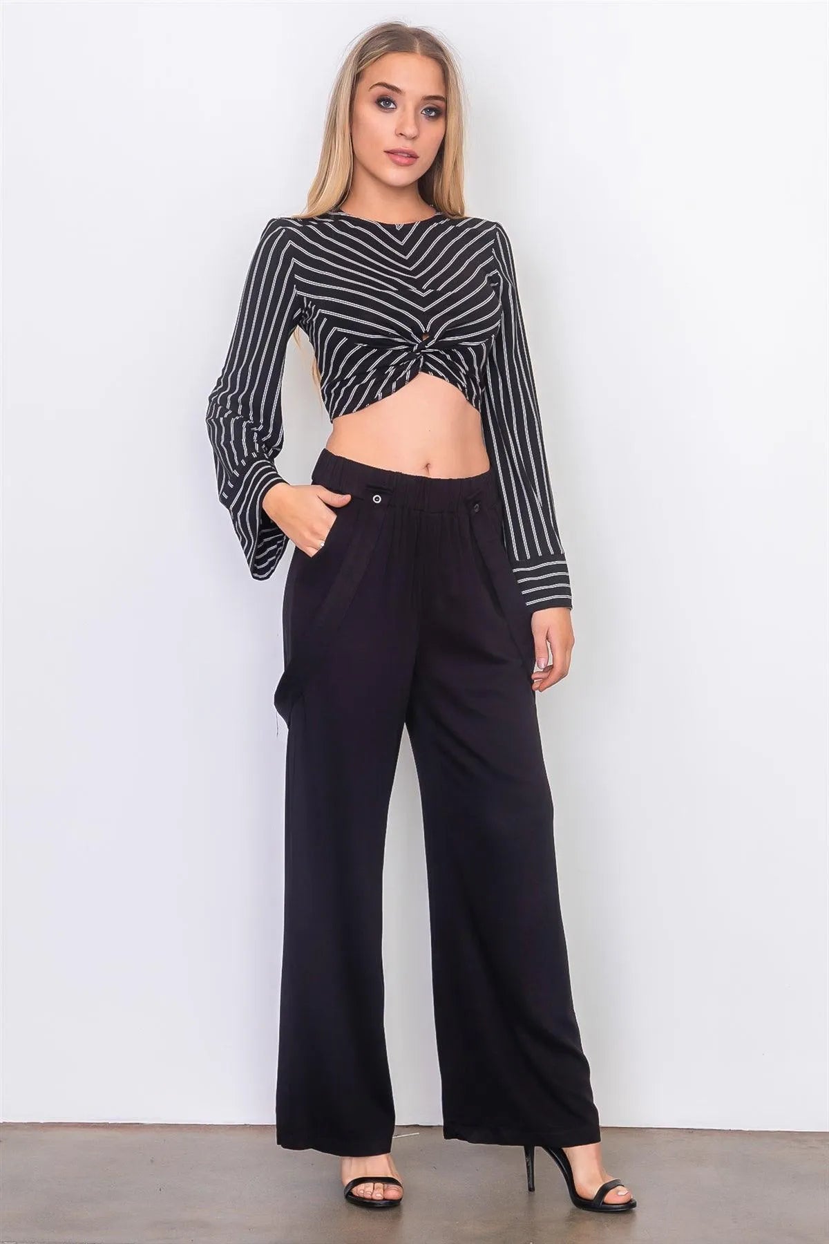 Black Front Waist Twist Wide Sleeve Crop Top /3-2-1 - Tasha Apparel Wholesale