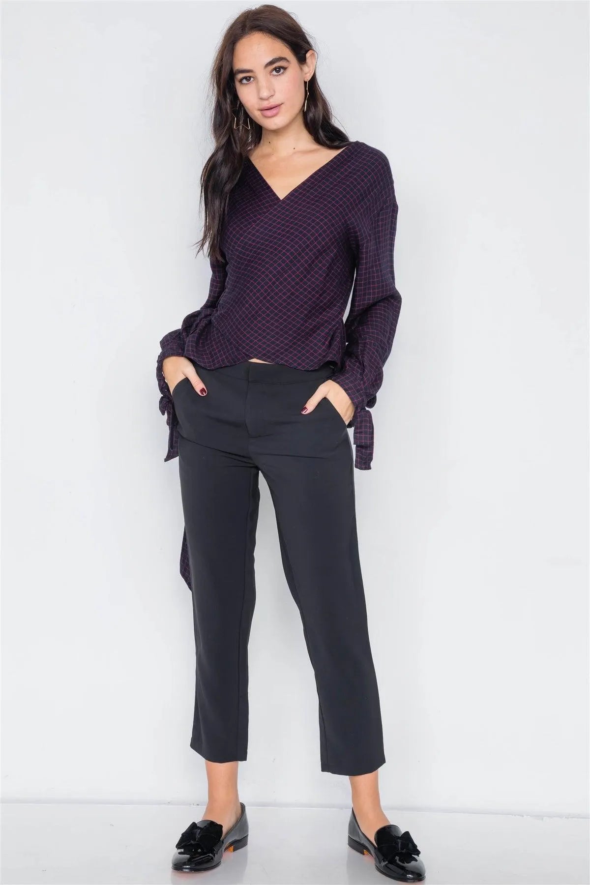 Navy & Red Plaid Side Wrap Knot Crop Top /3-2-1 - Tasha Apparel Wholesale