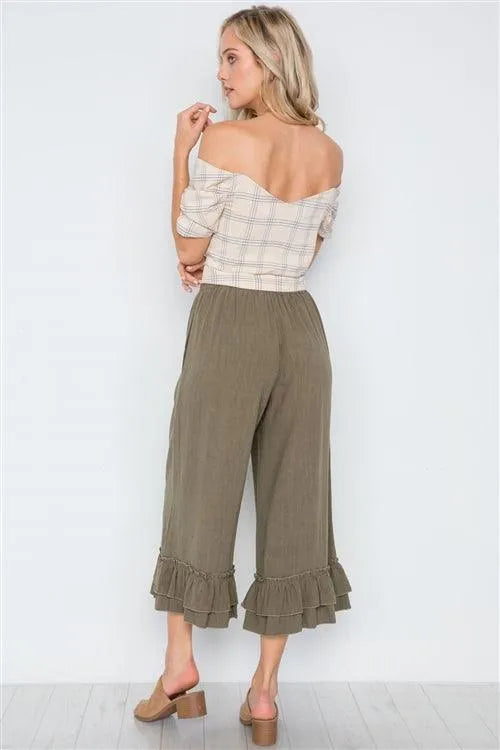 Olive High-Waist Ruffle Hem Wide Leg Boho Pants /3-1-1 - Tasha Apparel Wholesale