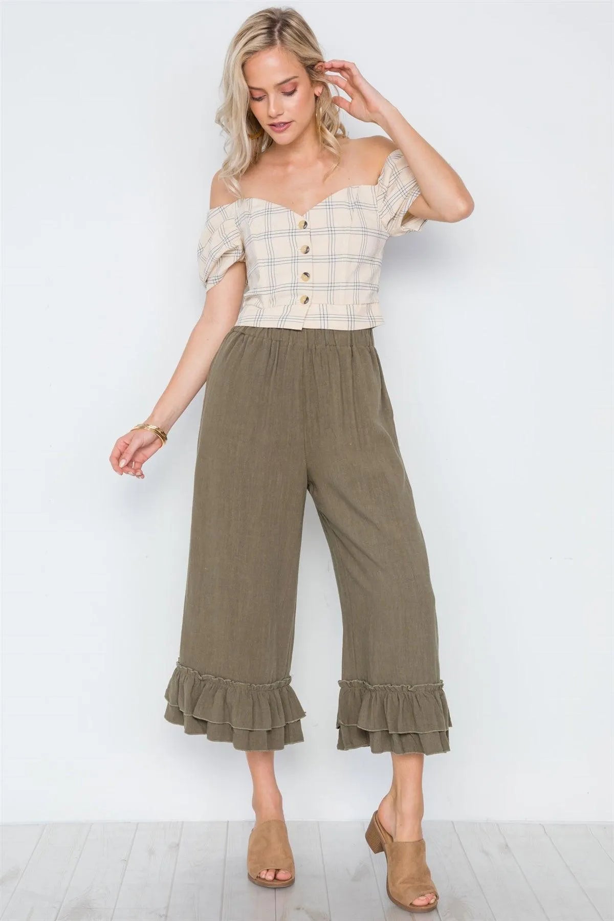 Olive High-Waist Ruffle Hem Wide Leg Boho Pants /3-2-1 - Tasha Apparel Wholesale