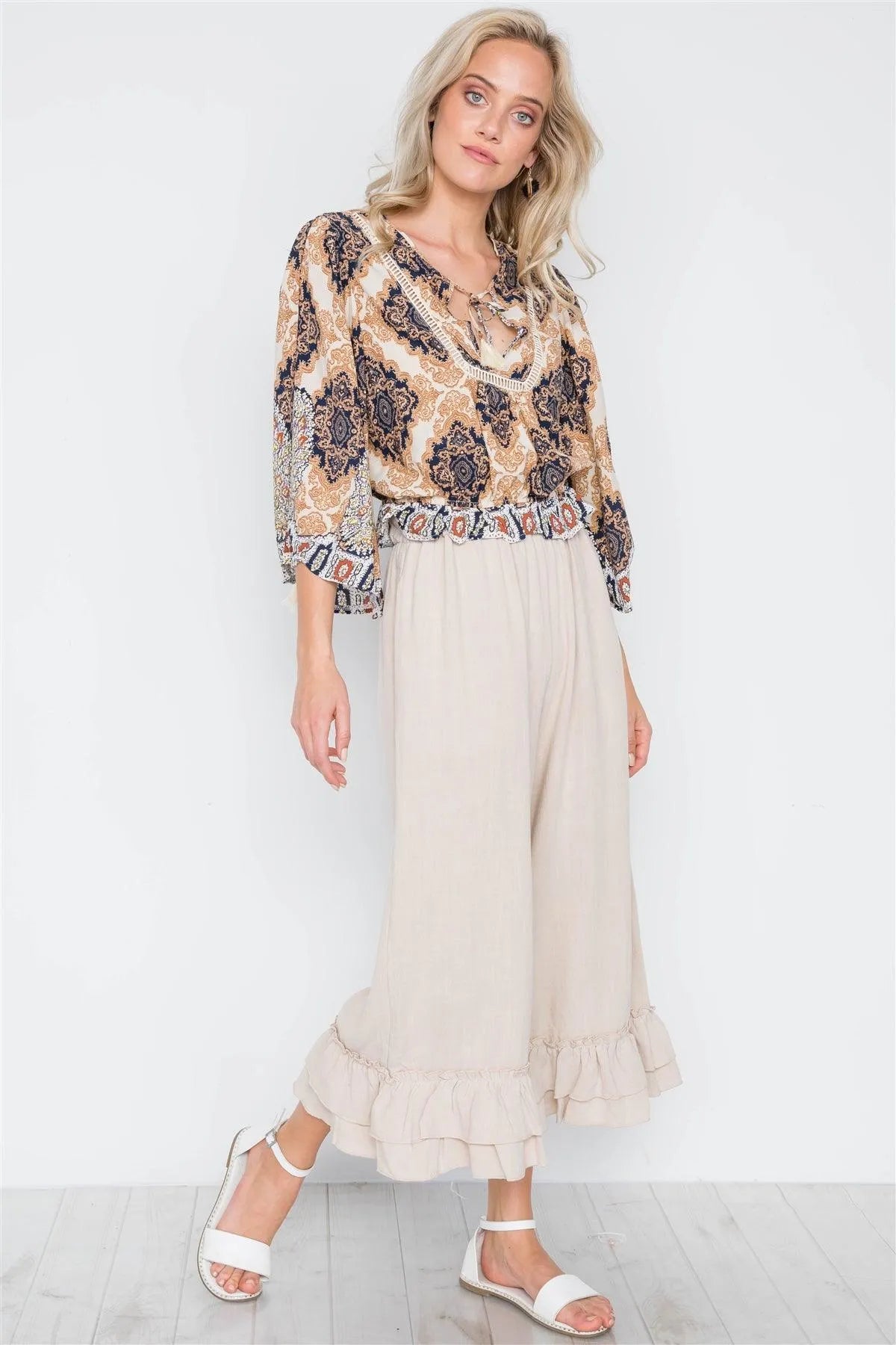 Taupe High-Waist Ruffle Hem Wide Leg Boho Pants /3-2-1 - Tasha Apparel Wholesale