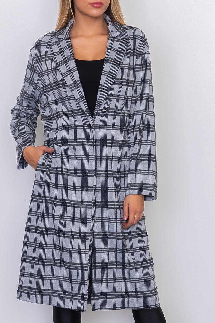 Grey Plaid Woven Tailored Long Jacket