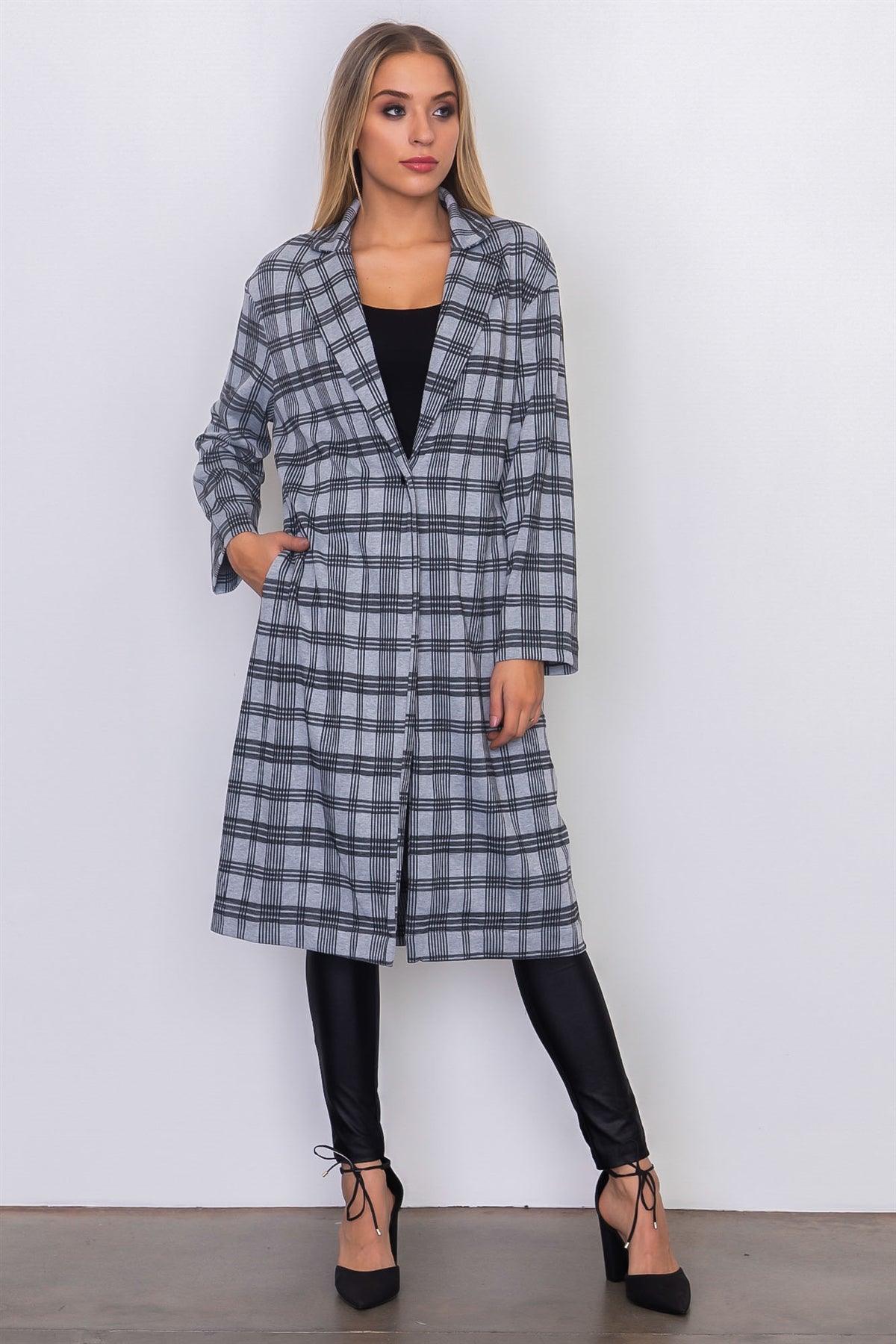 Grey Plaid Woven Tailored Long Jacket