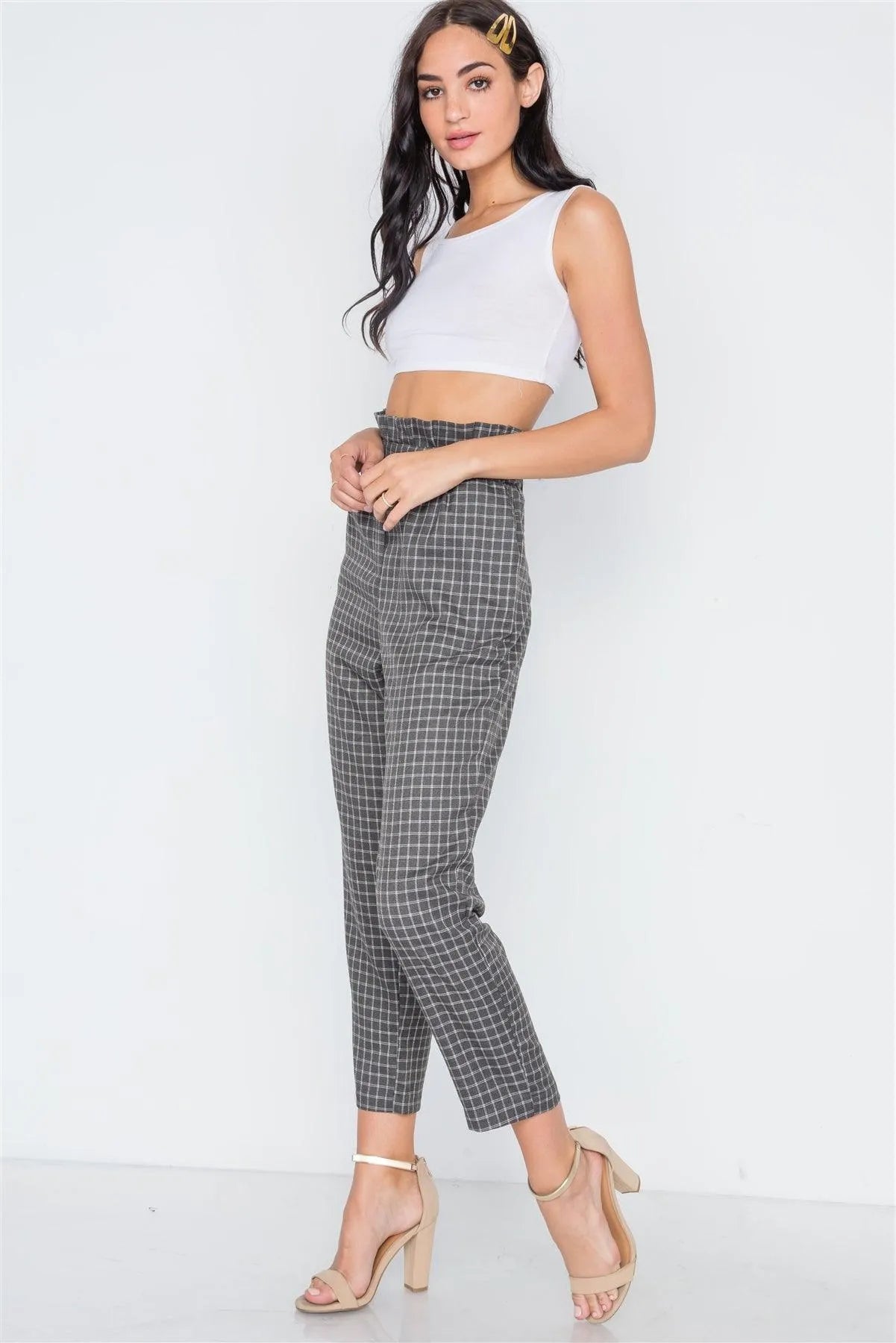 Grey And White Plaid Paper Bag Pants /3-2-1 - Tasha Apparel Wholesale