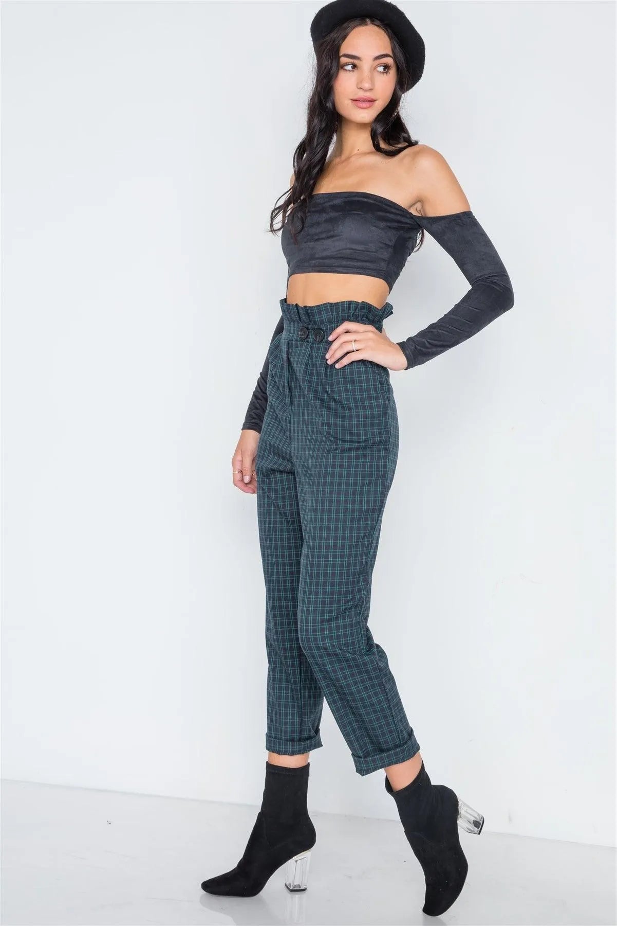Indigo Green Plaid Paper Bag Pants /2-2-1 - Tasha Apparel Wholesale