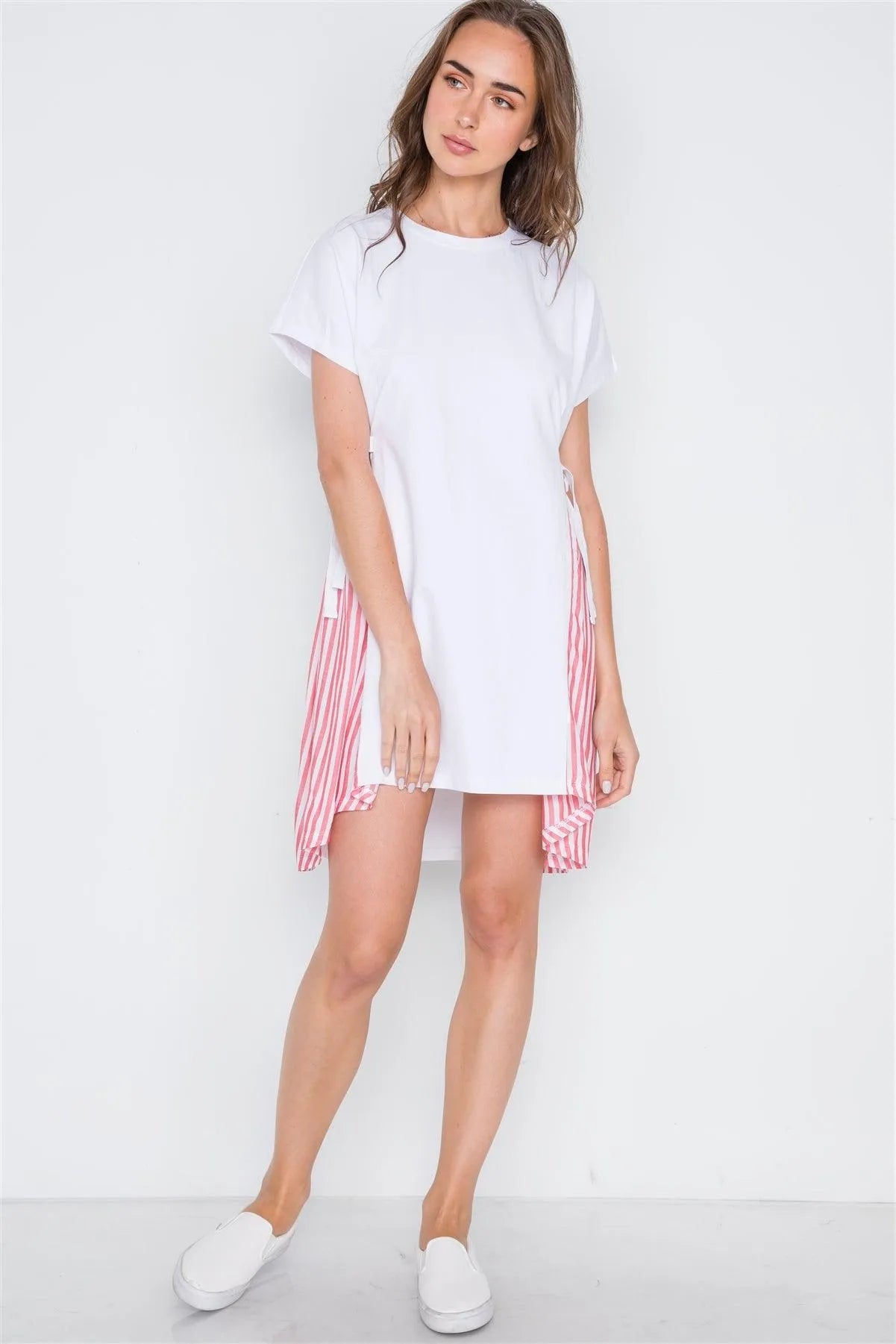 White Red Contrast Sides Stripe Short Sleeve Shirt Dress /3-2-1 - Tasha Apparel Wholesale