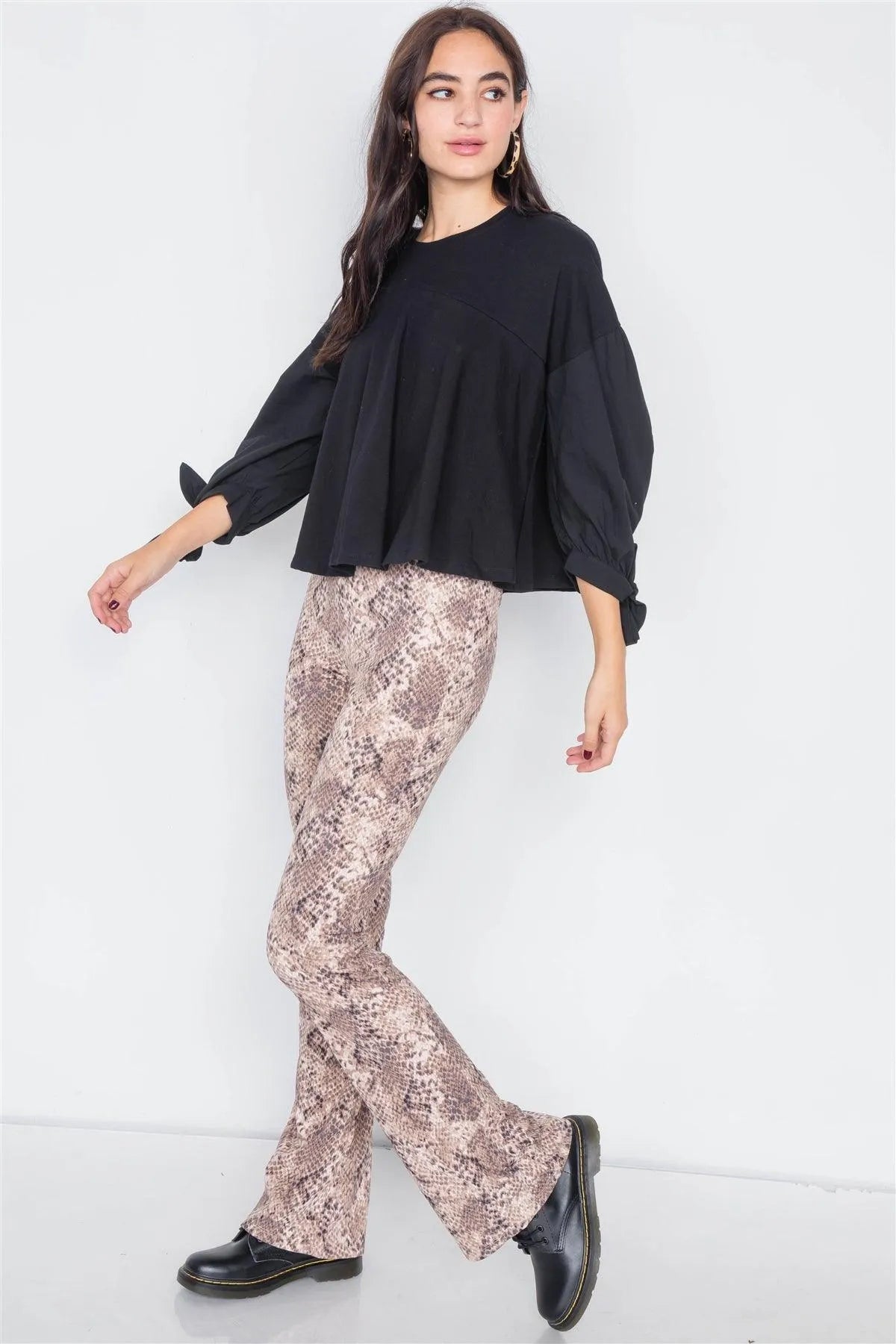 Black Puff Sleeve Flare Hem Cotton Top /3-2-1 - Tasha Apparel Wholesale