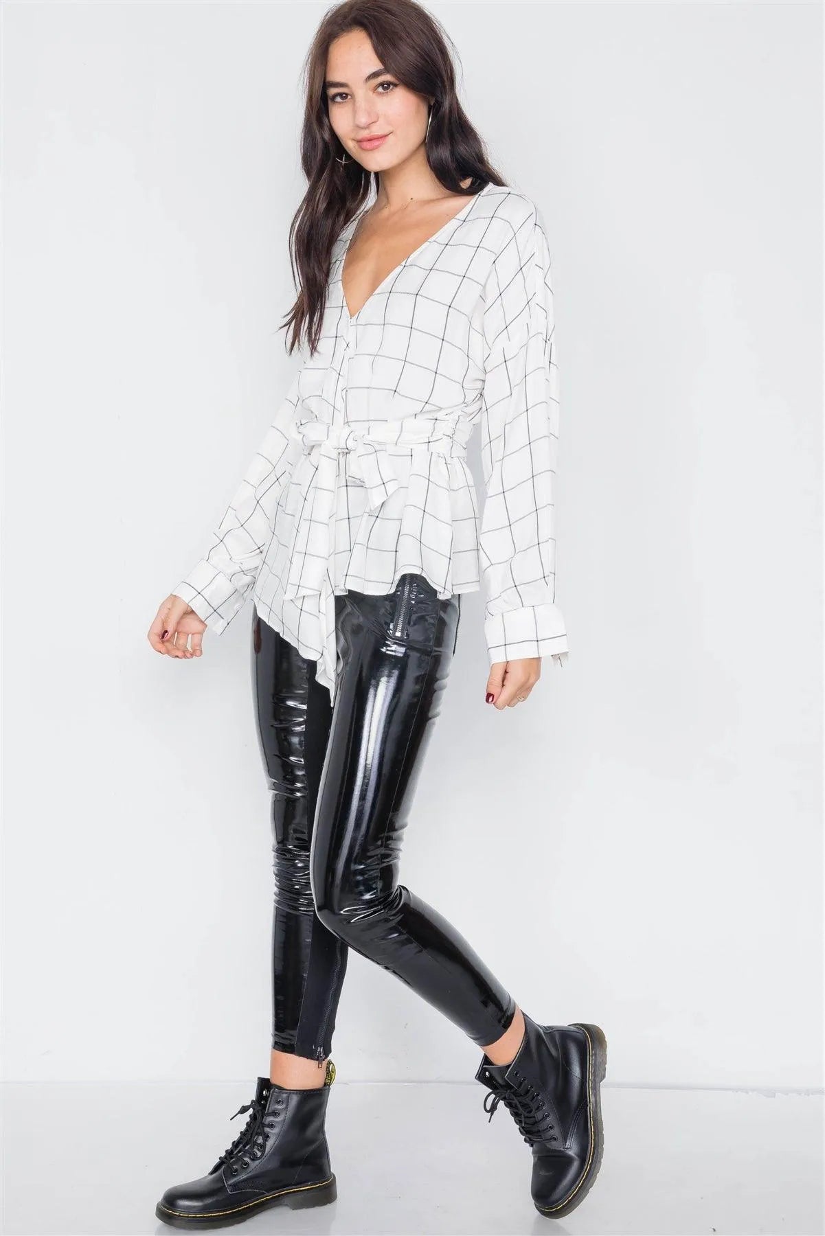 White & Black Stripe Plaid Drop-Shoulder V-Neck Top /3-2-1 - Tasha Apparel Wholesale