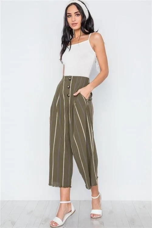 Olive Stripe High-Waist Wide Leg Boho Pants /3-1-1 - Tasha Apparel Wholesale