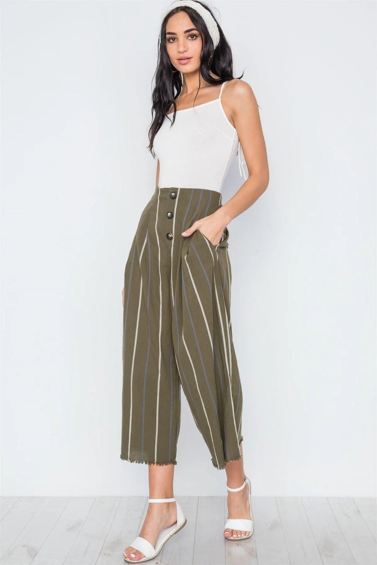 Olive Stripe High-Waist Wide Leg Boho Pants /3-2-1 - Tasha Apparel Wholesale