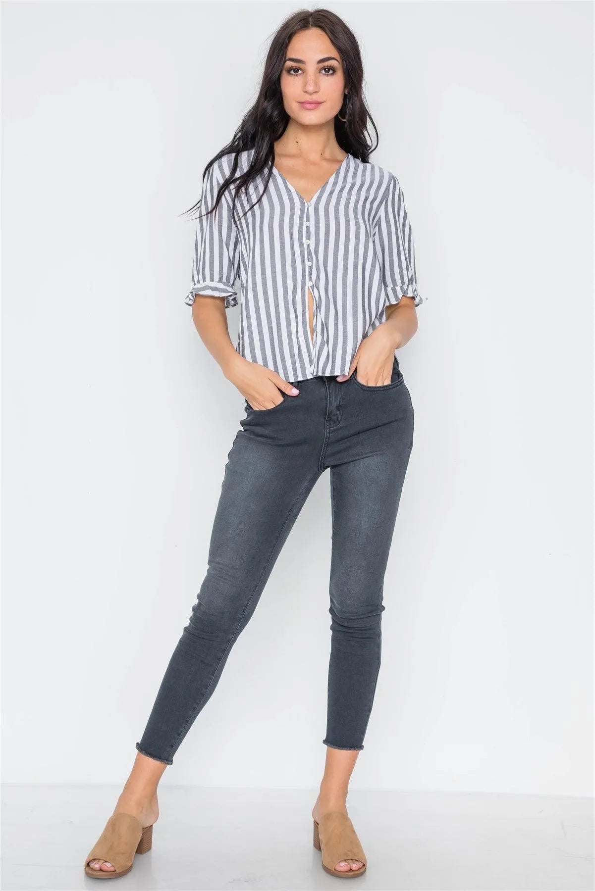 Black Stripe V-Neck Casual Stripe Button Down Top /3-2-1 - Tasha Apparel Wholesale