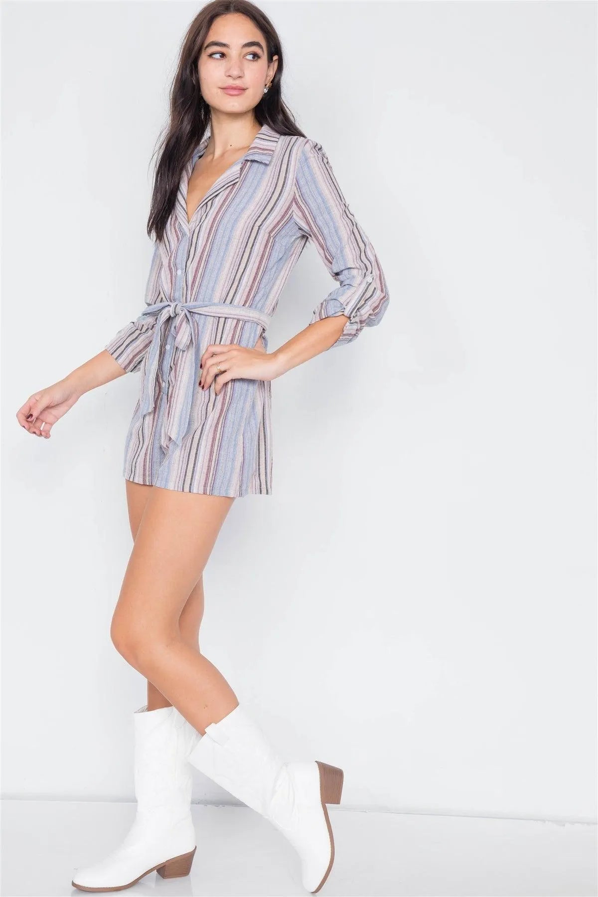 Lilac Taupe Cotton V-Neck Multi Stripe Short Romper /3-2-1 - Tasha Apparel Wholesale