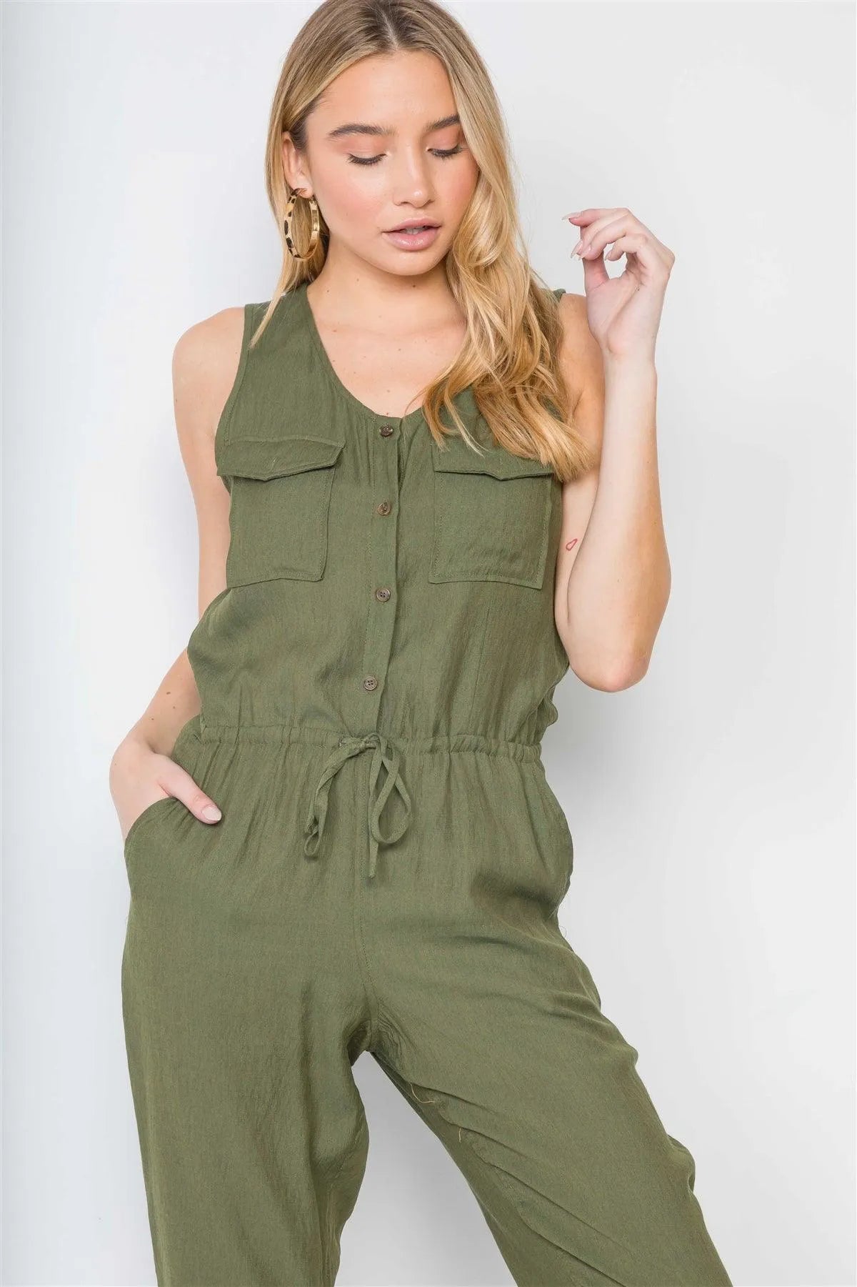 Olive Button-Front Sleeveless Casual Jumpsuit /3-2-1 - Tasha Apparel Wholesale