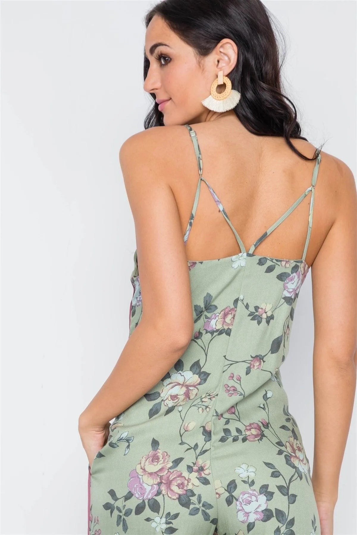 Vintage Olive Floral Cami Straight Leg Jumpsuit /3-2-1 - Tasha Apparel Wholesale