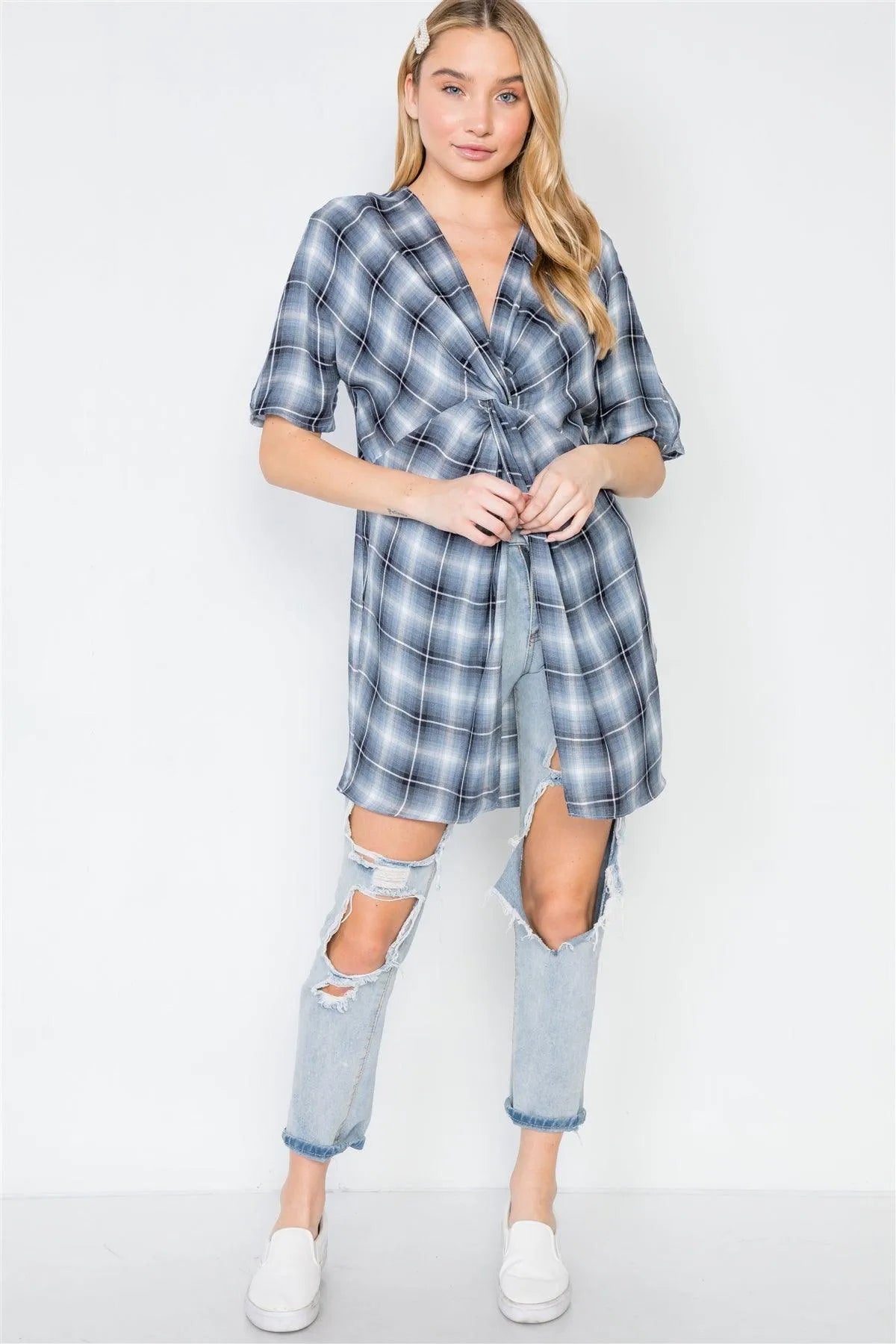 Blue Plaid Short Sleeve Front-Twist Top /3-2-1 - Tasha Apparel Wholesale