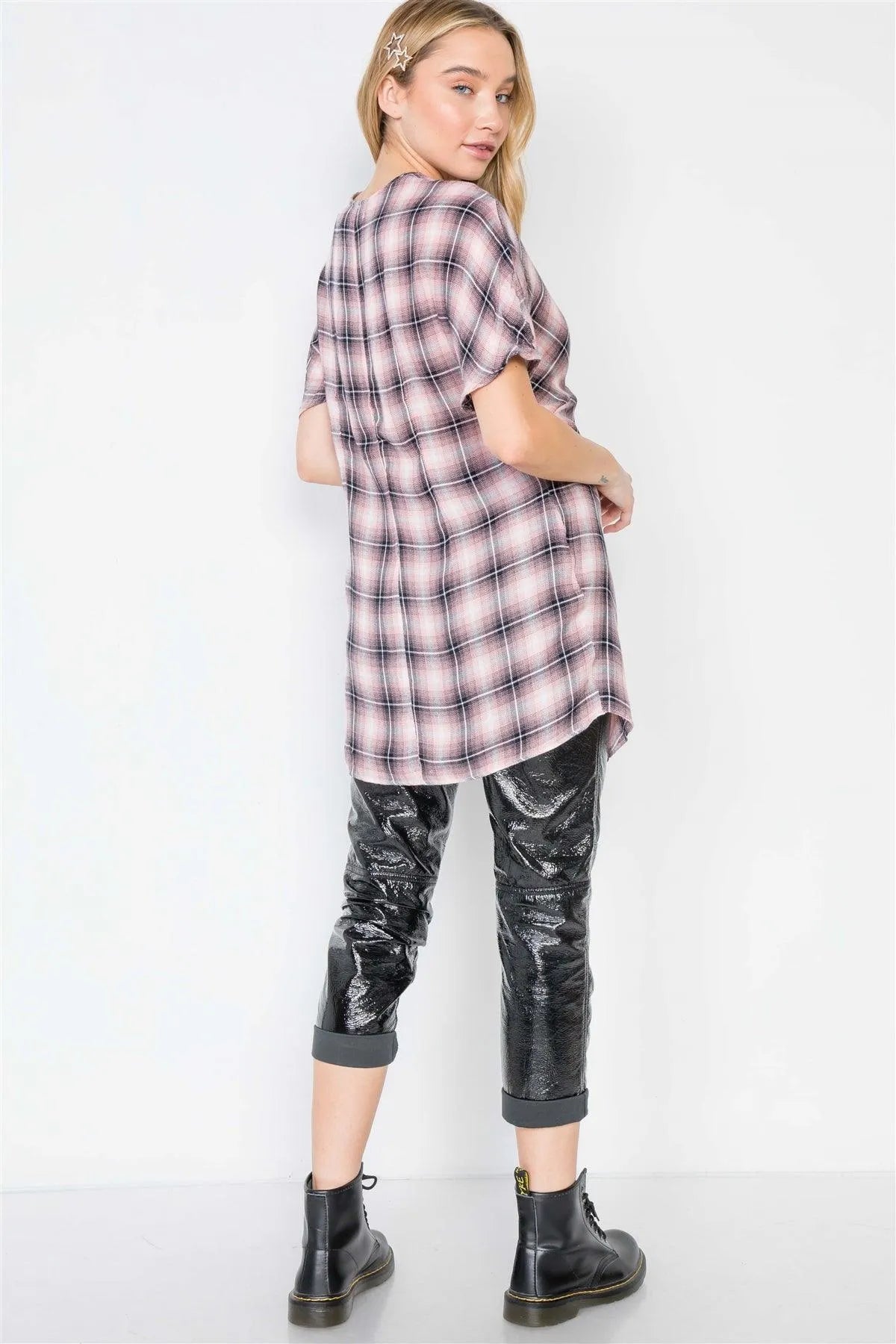 Blush Plaid Short Sleeve Front-Twist Top /3-2-1 - Tasha Apparel Wholesale