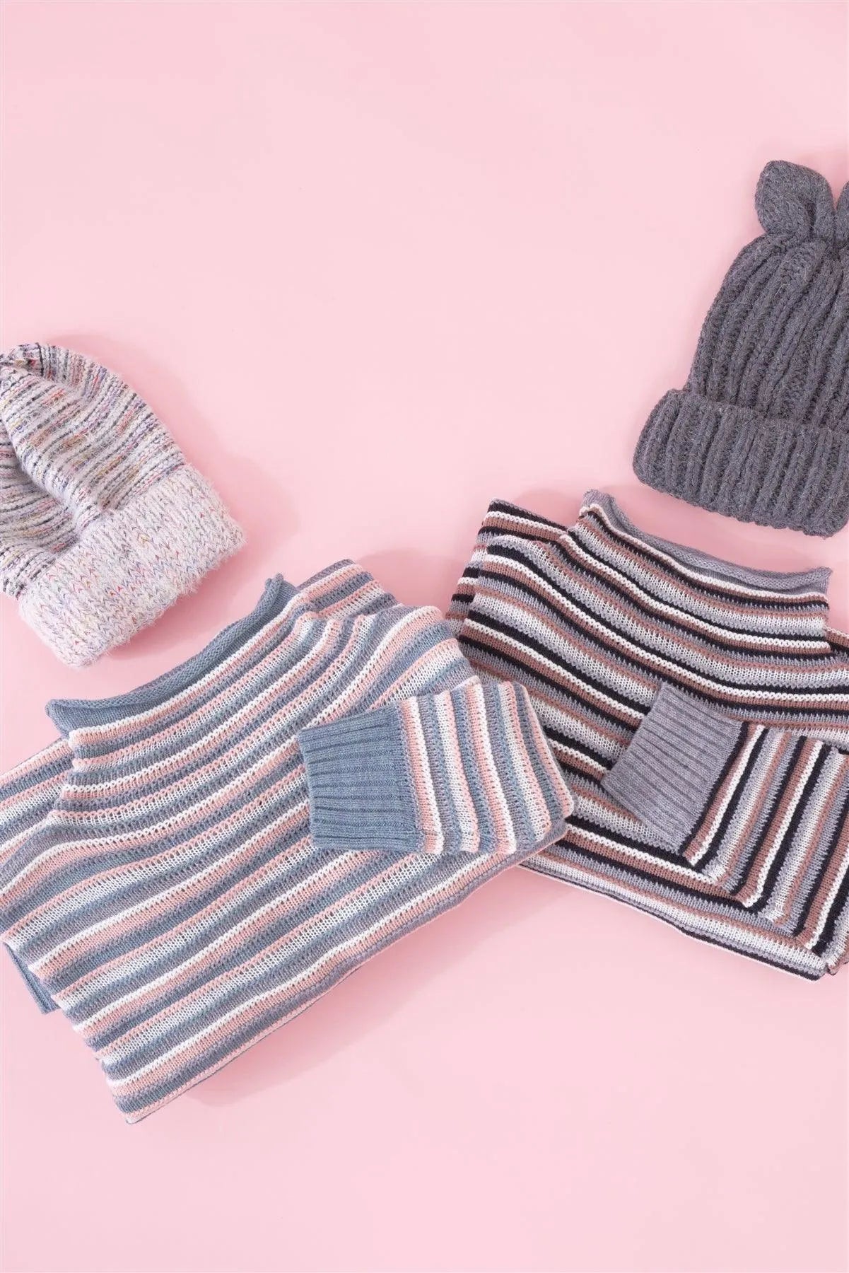 Grey Multi Woolen Striped Turtle Neck Long Sleeve Loose Fit Multi-Knit Sweaters /3-2-1 - Tasha Apparel Wholesale