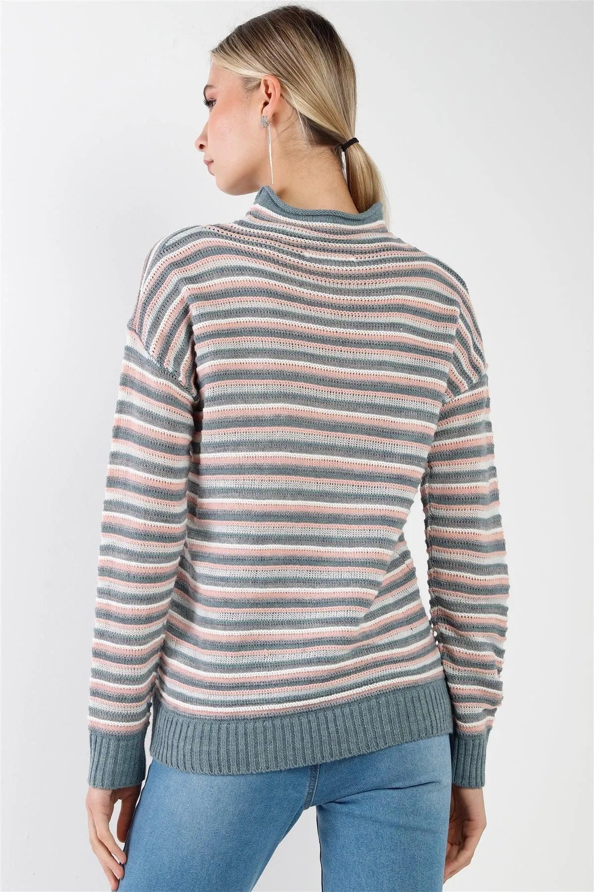 Teal Pink Multi Woolen Striped Turtle Neck Long Sleeve Loose Fit Multi-Knit Sweaters /3-2-1 - Tasha Apparel Wholesale