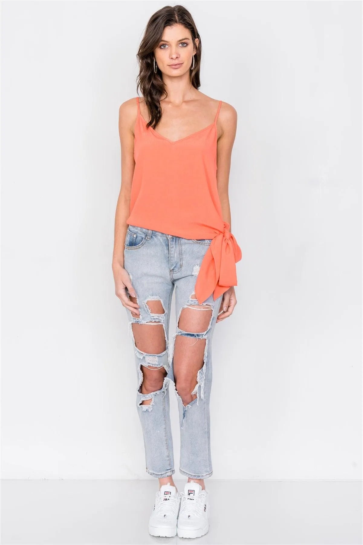 Tangerine Self Tie Side Sash V-Neck Casual Cami Top /3-2-1 - Tasha Apparel Wholesale