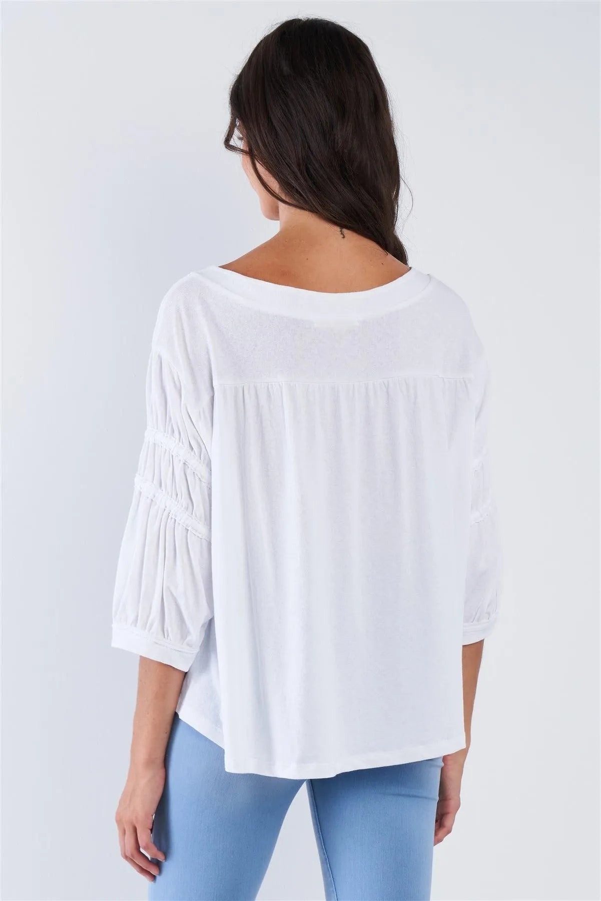 White Boho Chic Mid Arm Sleeve V-Neck Front Tie Loose Fit Top /3-2-1 - Tasha Apparel Wholesale