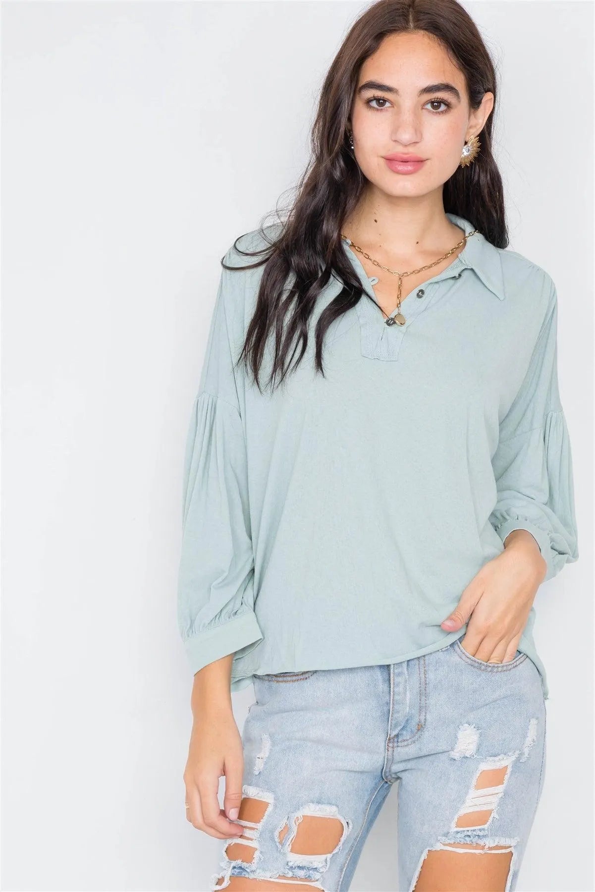Sage Cotton Raw Hem V-Neck Cinched Top /3-2-1 - Tasha Apparel Wholesale