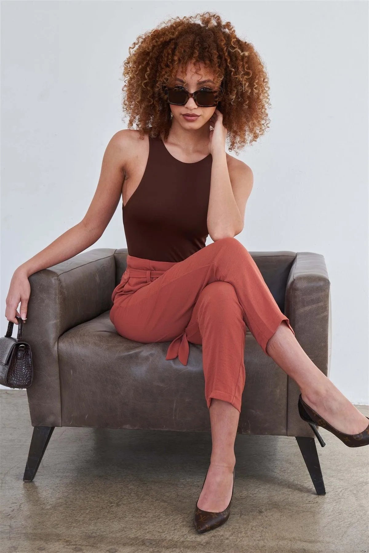 Light Clay Relaxed Fit High Waisted Casual Wide Leg Ankle Pant /1-2-2-1 - Tasha Apparel Wholesale