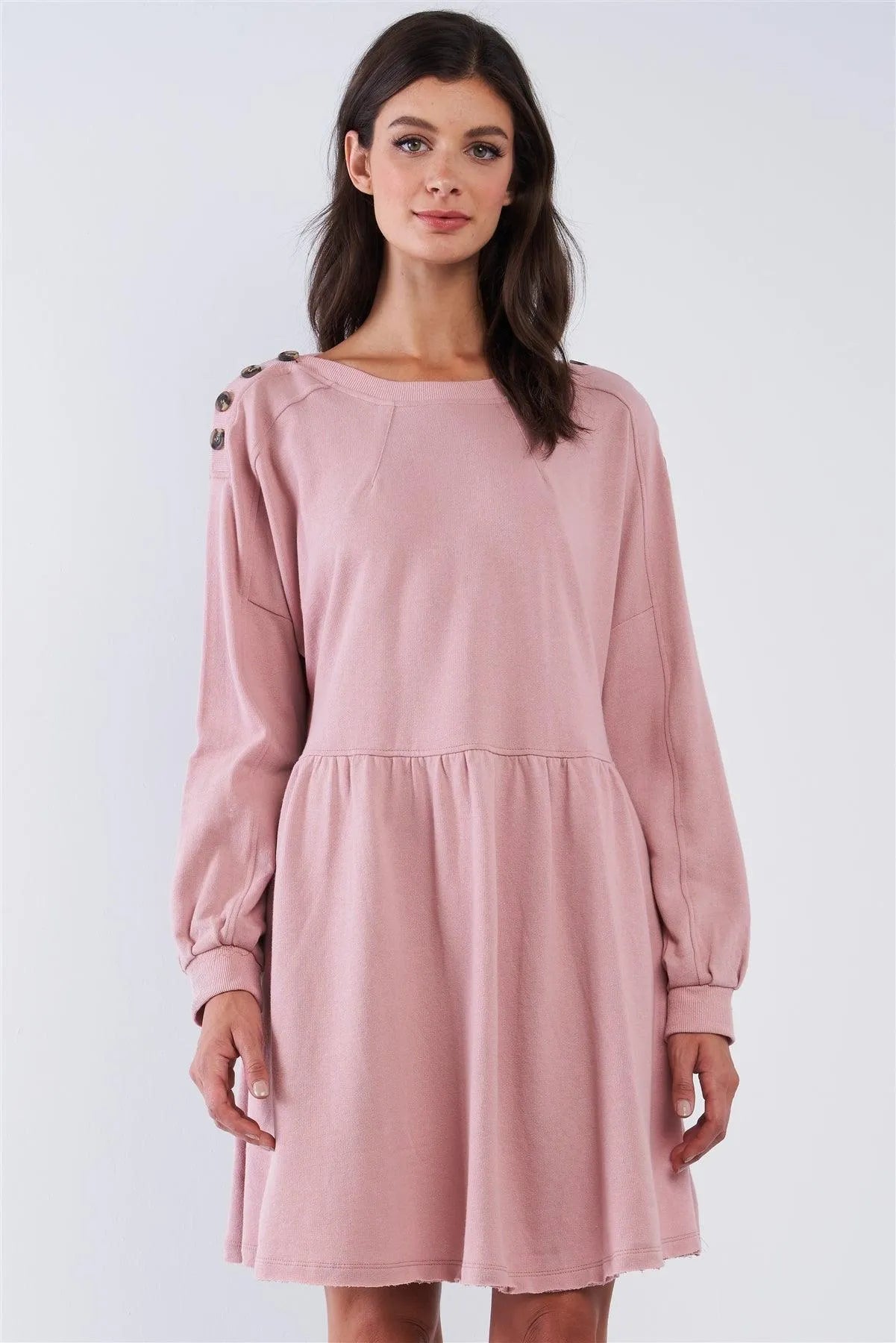 Misty Rose Pink Babydoll Loose Fit Crew Neck Long Puff Sleeve Mini Dress With Decorative Buttoned Shoulder Detail /3-2-1 - Tasha Apparel Wholesale