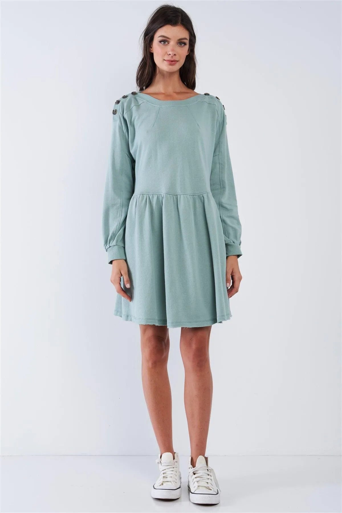 Sage Green Babydoll Loose Fit Crew Neck Long Puff Sleeve Mini Dress With Decorative Buttoned Shoulder Detail /3-2-1 - Tasha Apparel Wholesale