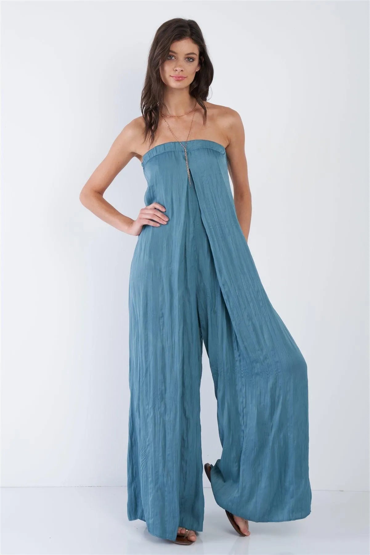Satin Misty Teal Blue Sleeveless Wide Leg Relaxed Fit Jumpsuit /3-2-1 - Tasha Apparel Wholesale